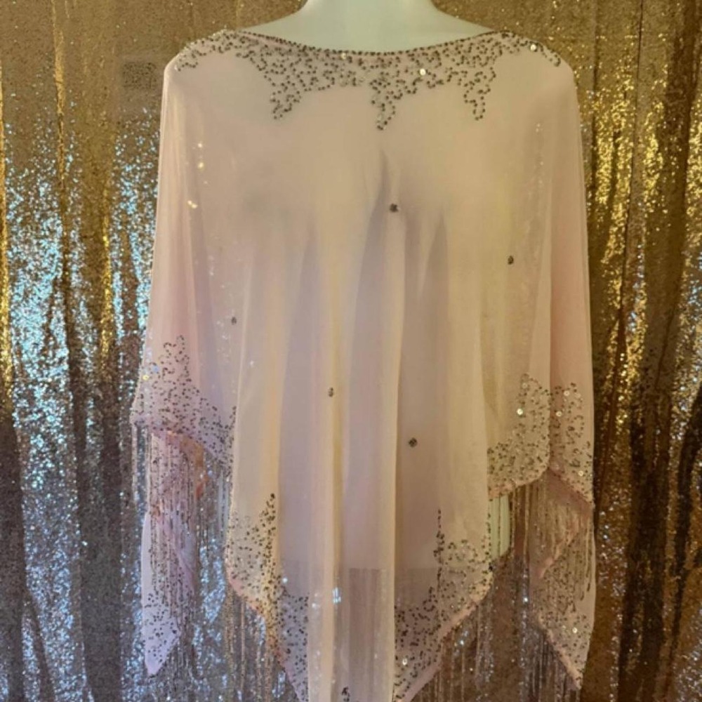 Pink Sequin Fringe Poncho Silver Beaded Embroidery Party Wear NWT/One Size